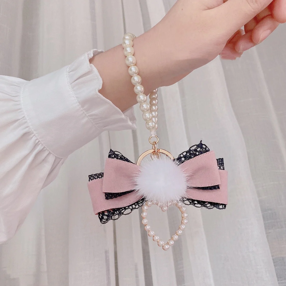 Mink Fur Ball Bow Keychain   HA1568 - Image 5
