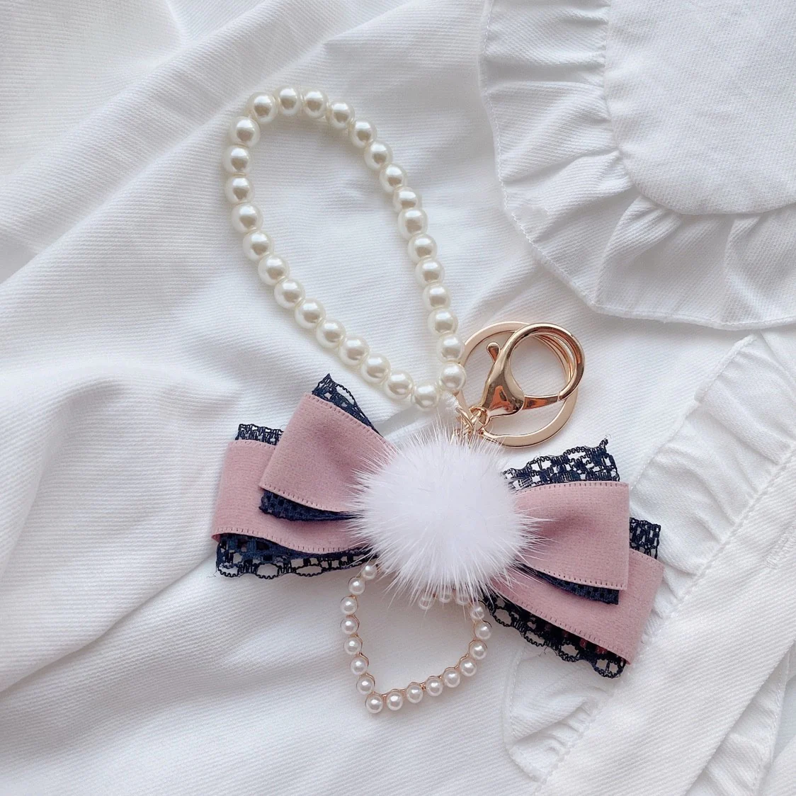 Mink Fur Ball Bow Keychain   HA1568 - Image 6