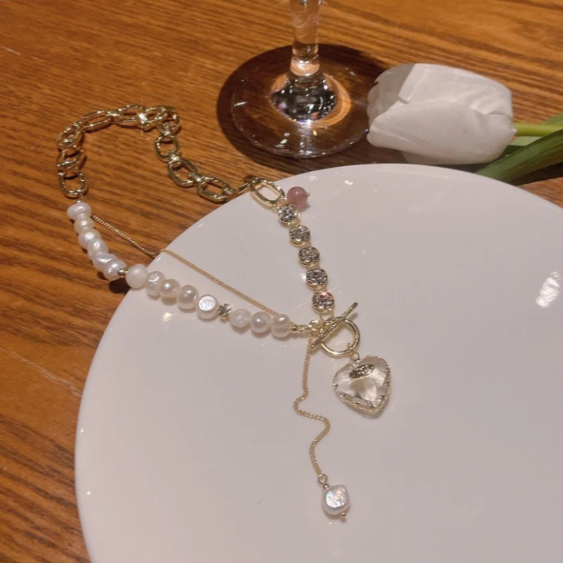 Natural Pearl Chain Love Necklace   HA1601 - Image 3