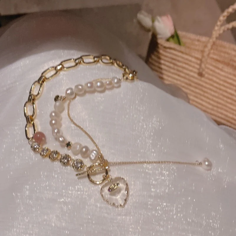 Natural Pearl Chain Love Necklace   HA1601 - Image 4