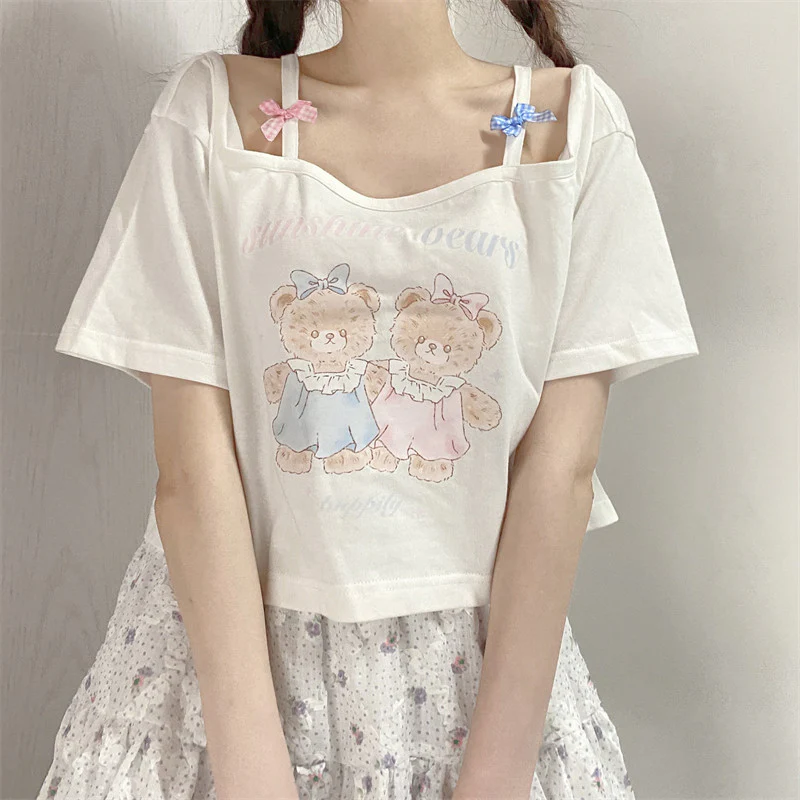 Off Shoulder Bear Print Short Sleeve T-Shirt HA0636