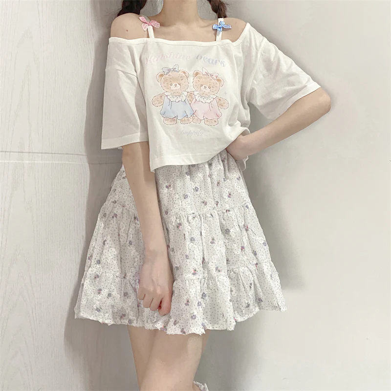 Off Shoulder Bear Print Short Sleeve T-Shirt HA0636 - Image 2