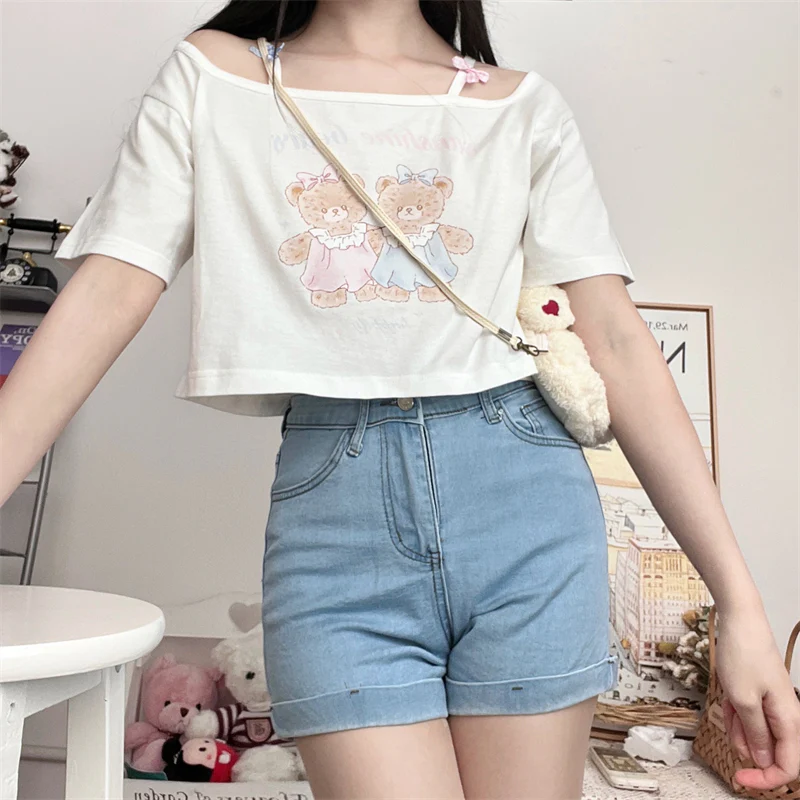 Off Shoulder Bear Print Short Sleeve T-Shirt HA0636 - Image 3