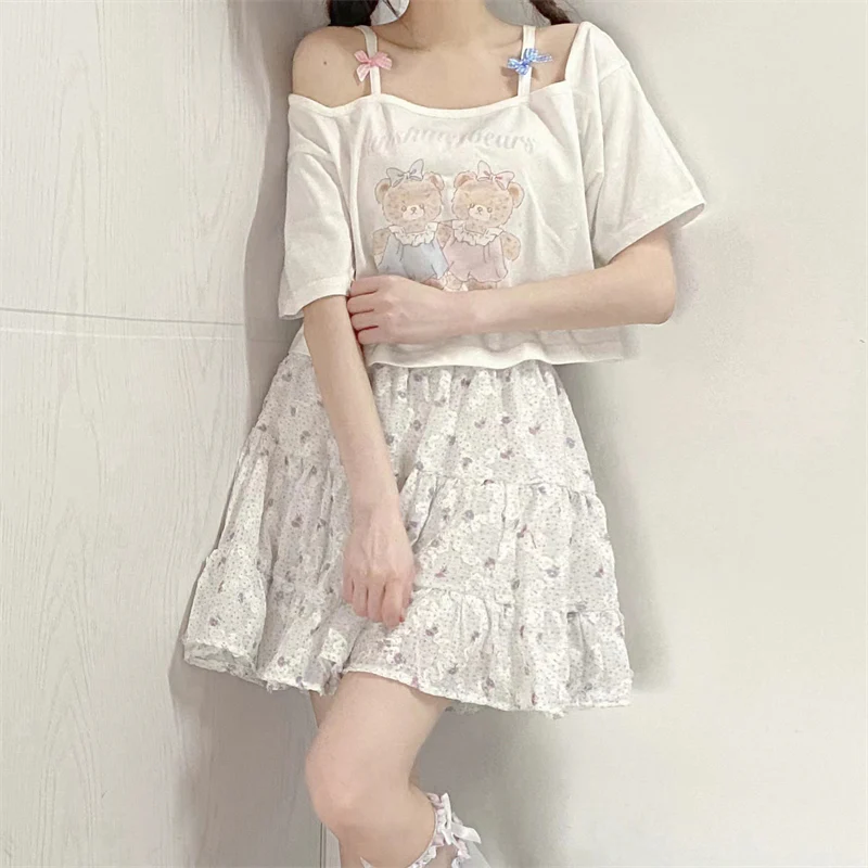 Off Shoulder Bear Print Short Sleeve T-Shirt HA0636 - Image 4