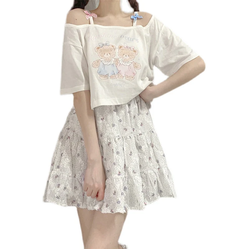 Off Shoulder Bear Print Short Sleeve T-Shirt HA0636 - Image 5