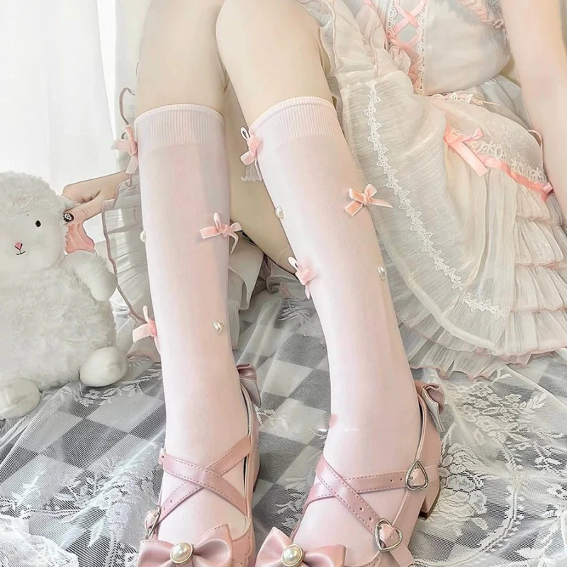 Pearl Bow Ballerina Calf Socks   HA1951 - Image 4