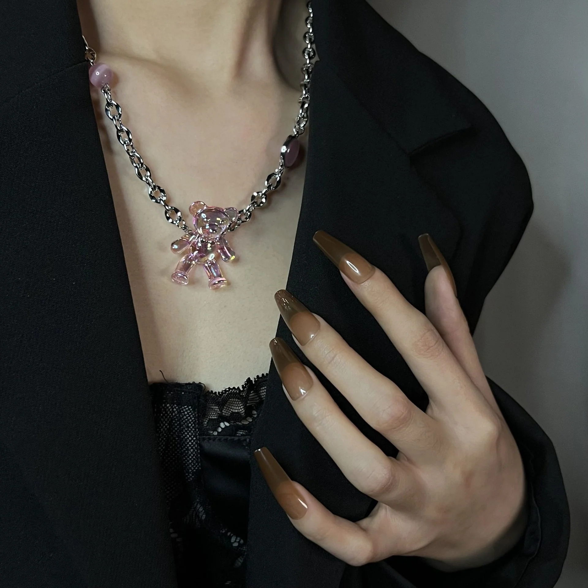 Pearl Heart Pink Bear Necklace   HA1227 - Image 3