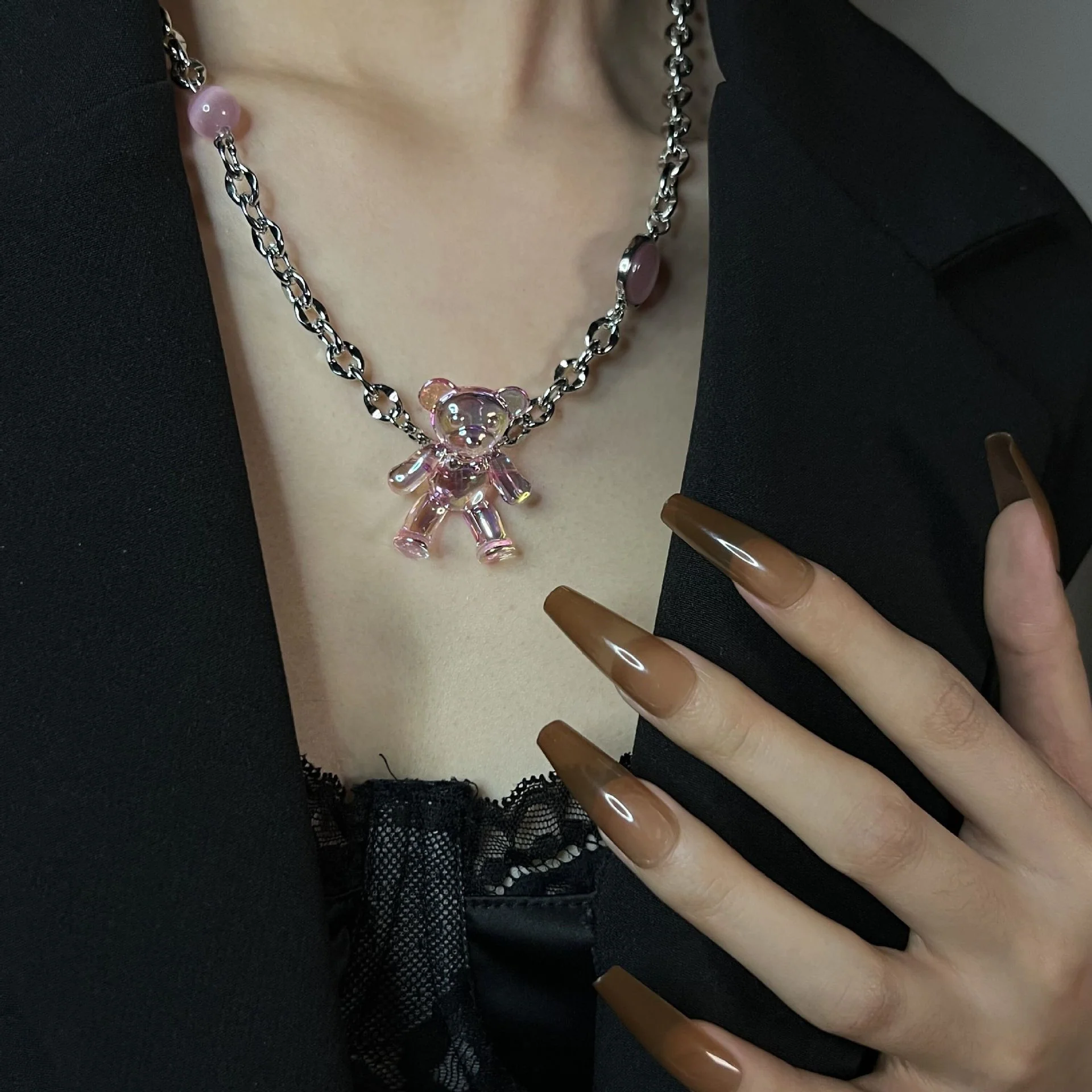Pearl Heart Pink Bear Necklace   HA1227 - Image 4
