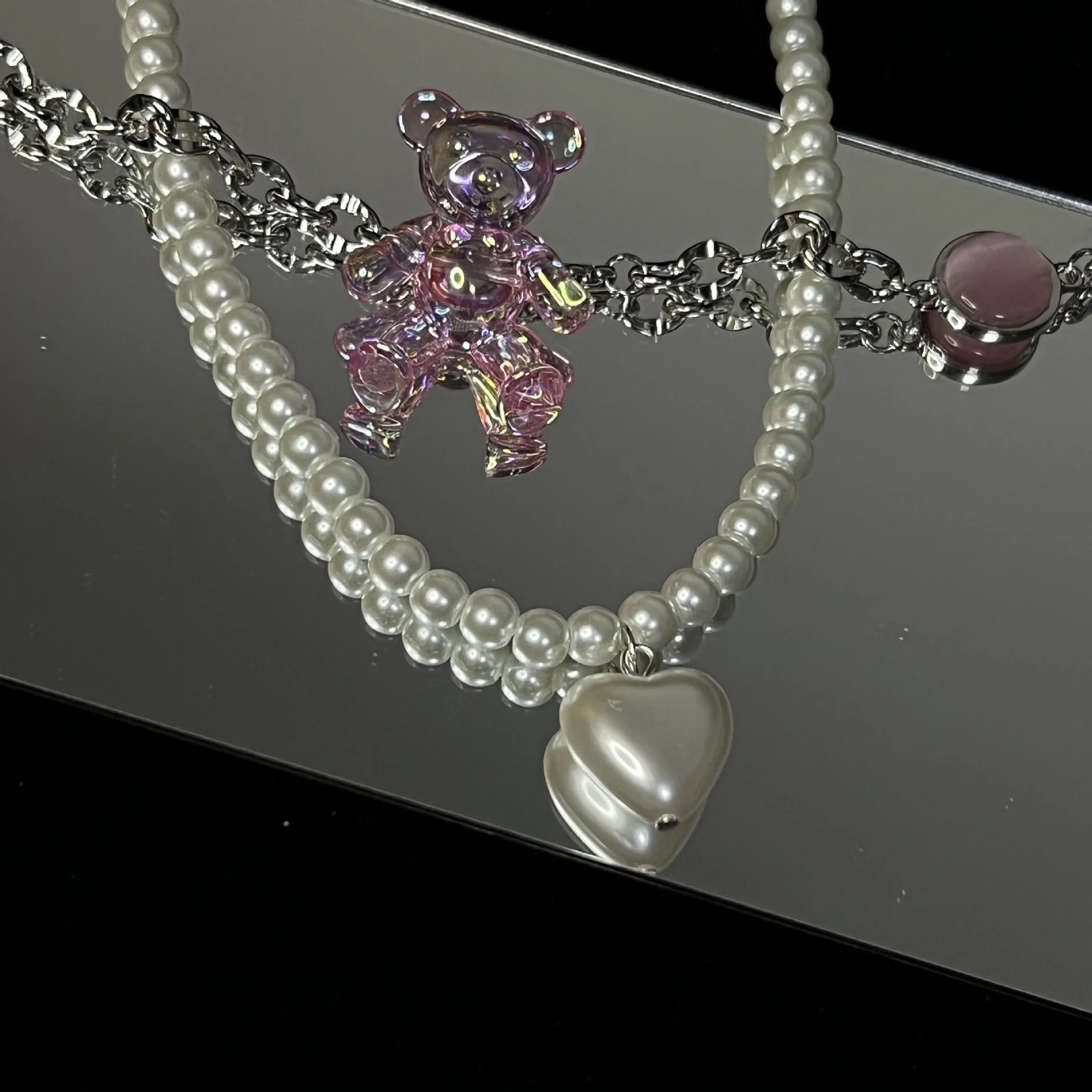 Pearl Heart Pink Bear Necklace   HA1227 - Image 5