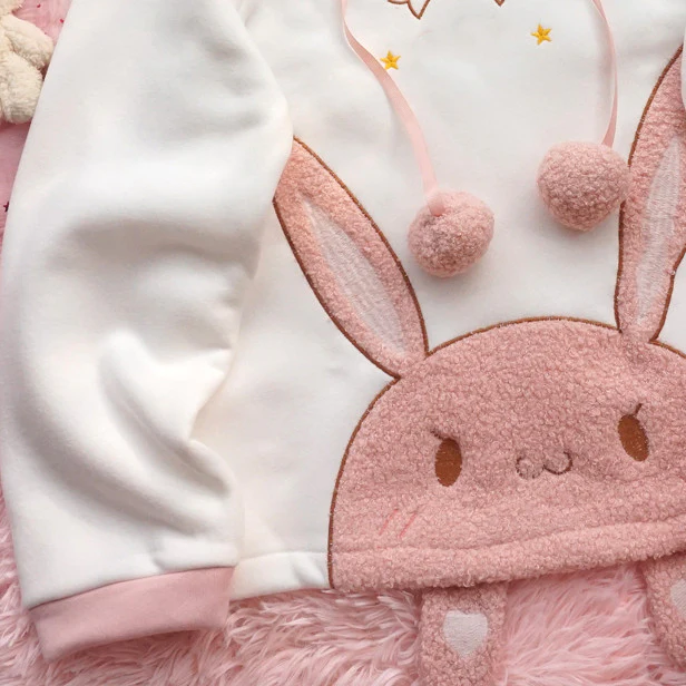Pink and white bunny ears fleece sweater HA1214 - Image 3