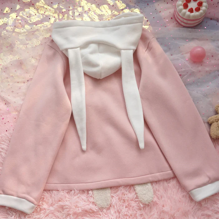 Pink and white bunny ears fleece sweater HA1214 - Image 4