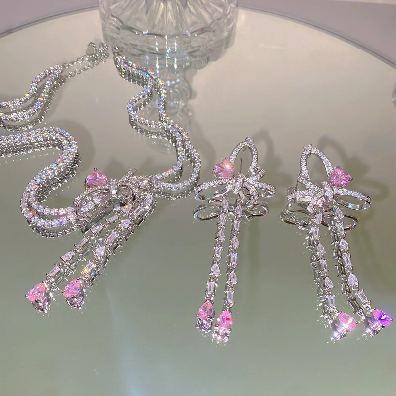 Pink Bow Earring Necklace Accessories   HA1232 - Image 4
