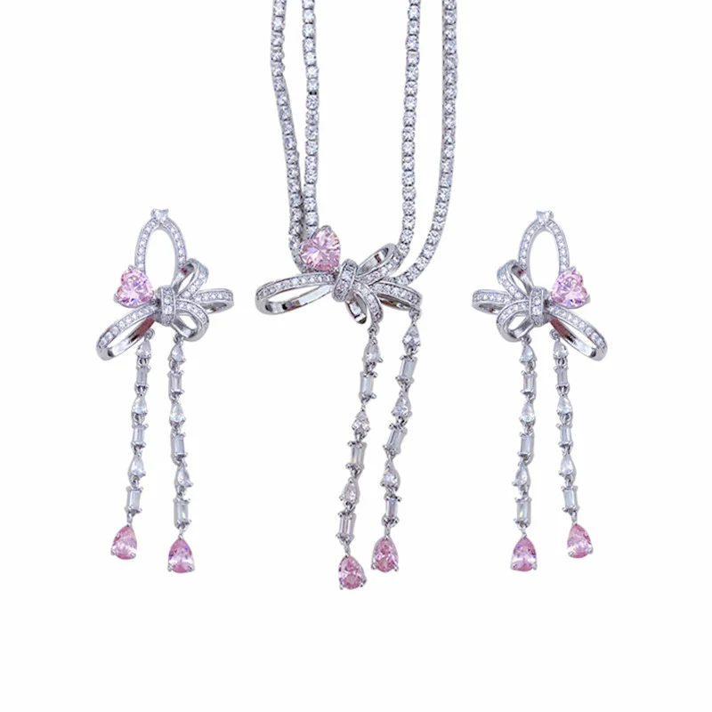 Pink Bow Earring Necklace Accessories   HA1232 - Image 5