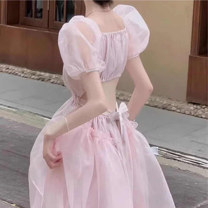 Pink bubble sleeve dress  HA1603 - Image 2