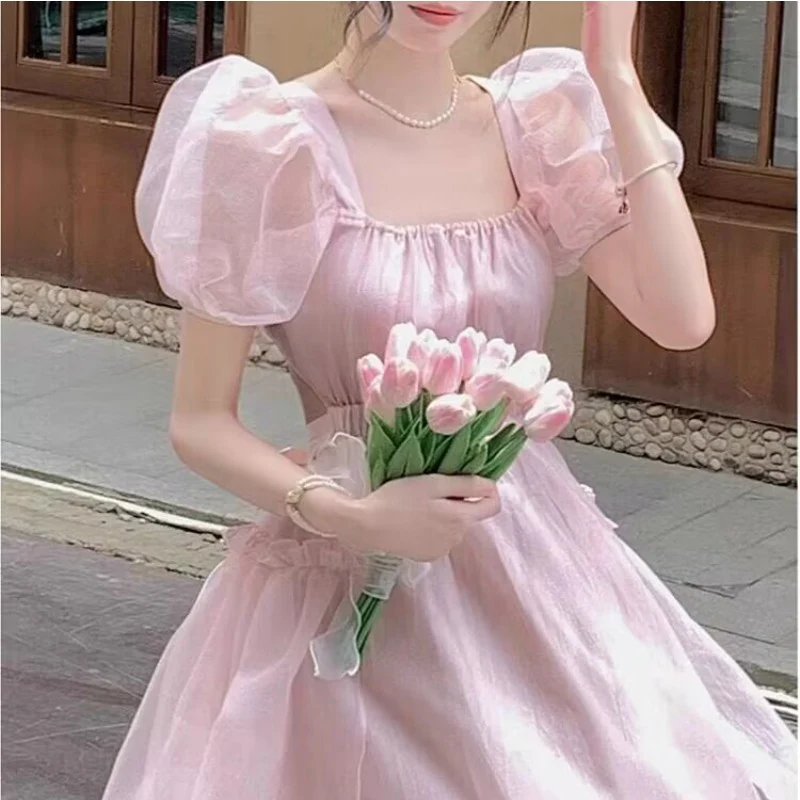 Pink bubble sleeve dress  HA1603 - Image 4