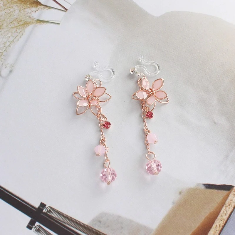 Pink Cherry Blossom Crystal Earrings Earrings Ear Clips   HA1994 - Image 3