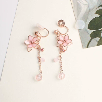 Pink Cherry Blossom Crystal Earrings Earrings Ear Clips   HA1994 - Image 7