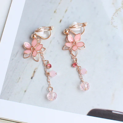 Pink Cherry Blossom Crystal Earrings Earrings Ear Clips   HA1994 - Image 8