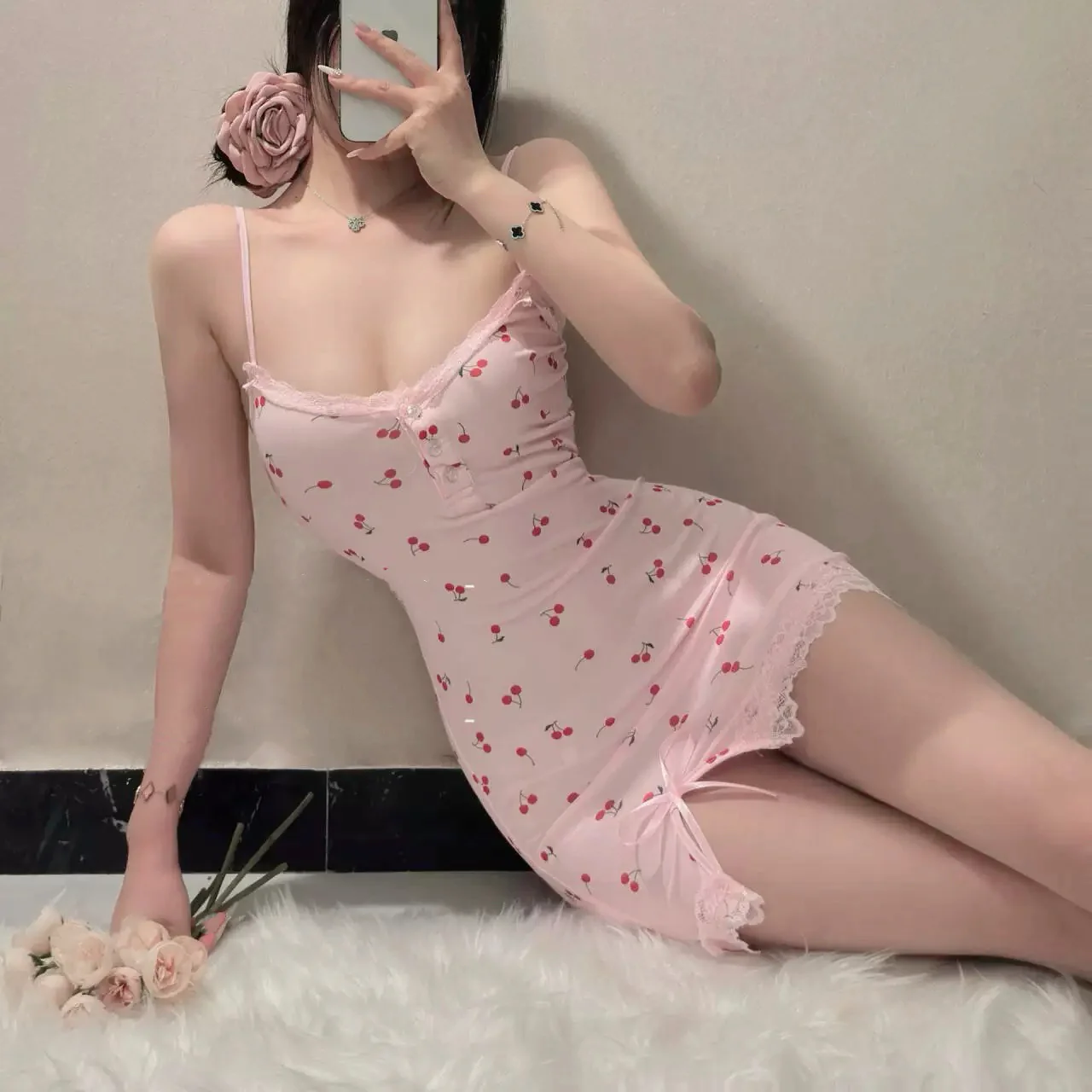 Pink cherry suspender dress HA2687 - Image 3