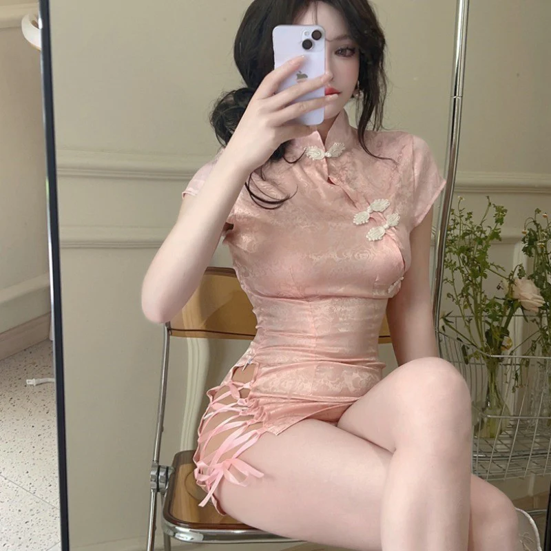 Pink dark pattern modified cheongsam skirt   HA2095 - Image 3