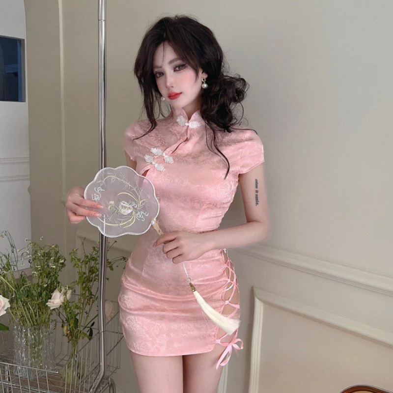 Pink dark pattern modified cheongsam skirt   HA2095 - Image 4
