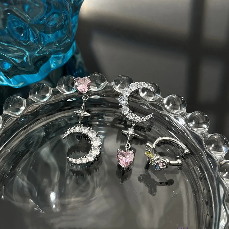 Pink Diamond Heart Star Moon Earrings   HA1880 - Image 3