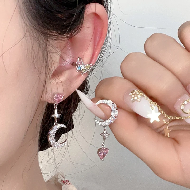 Pink Diamond Heart Star Moon Earrings   HA1880 - Image 4