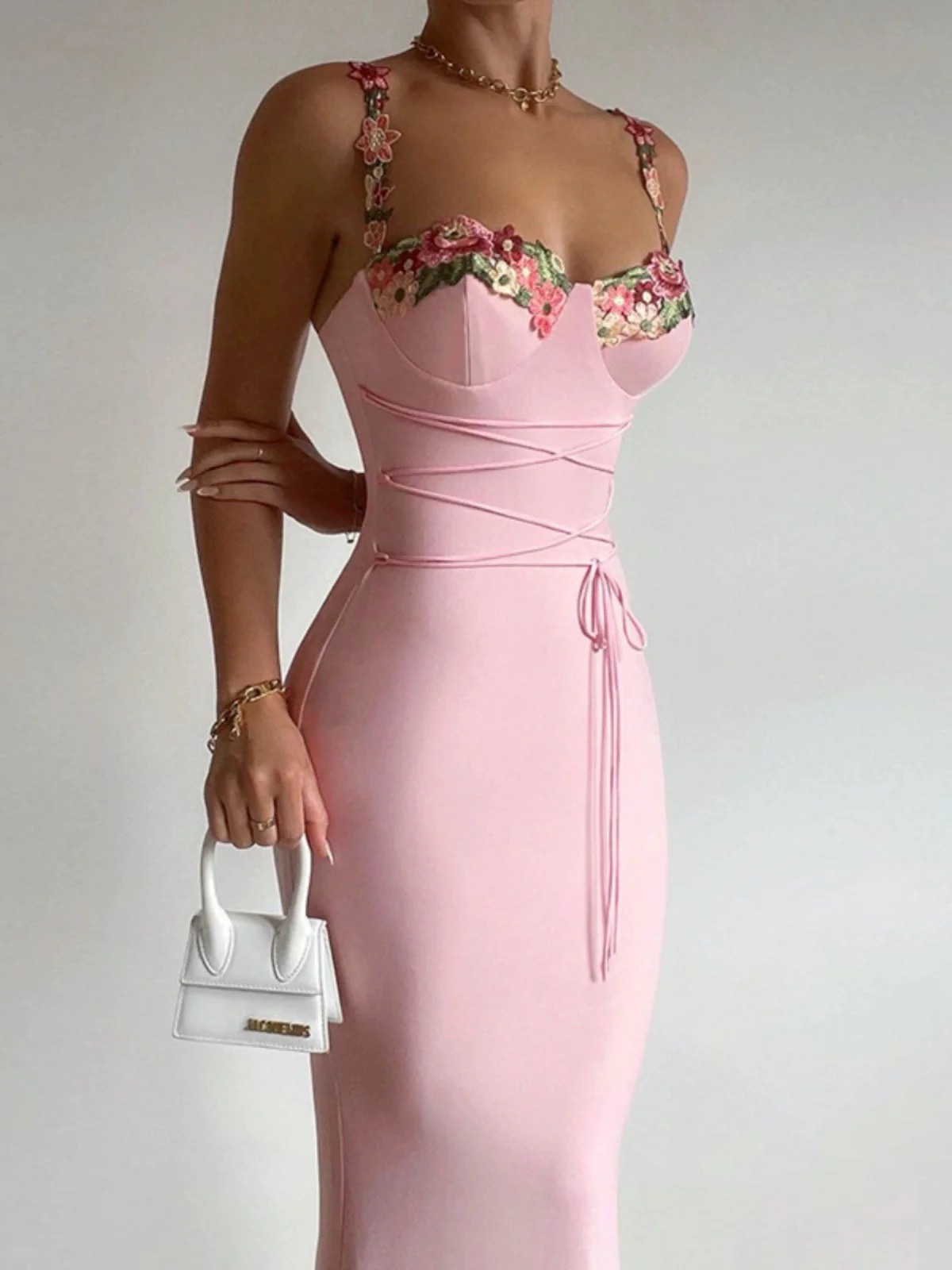 Pink embroidered suspender dress HA2466 - Image 8