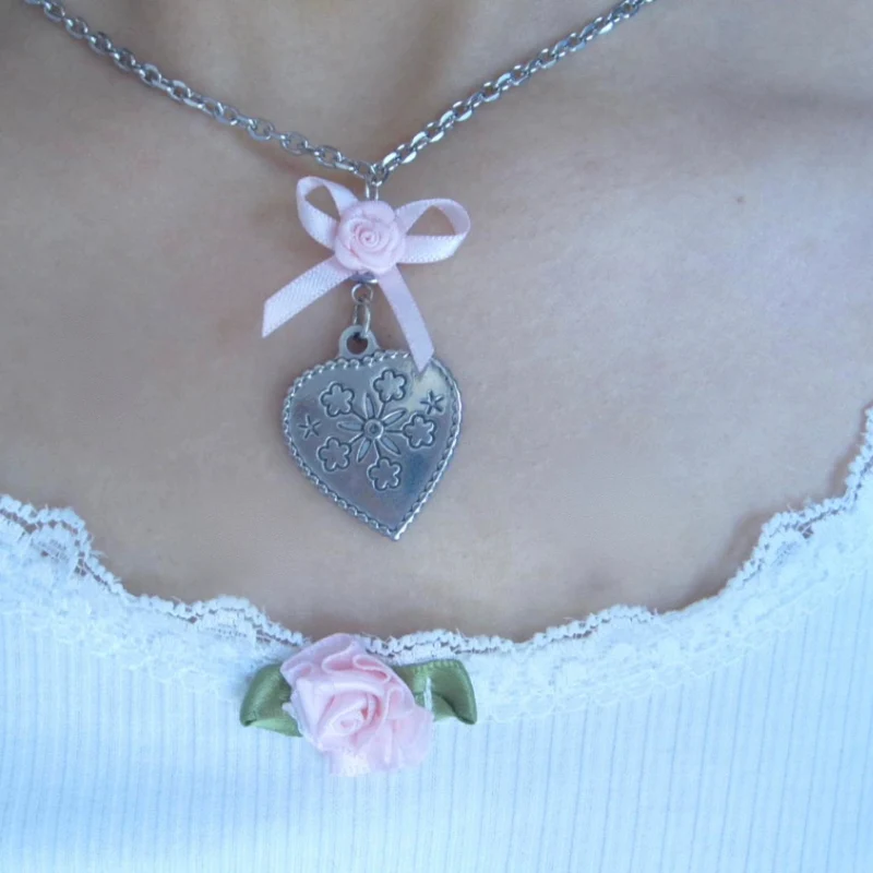Pink Heart Rose Butterfly Necklace   HA2177 - Image 3