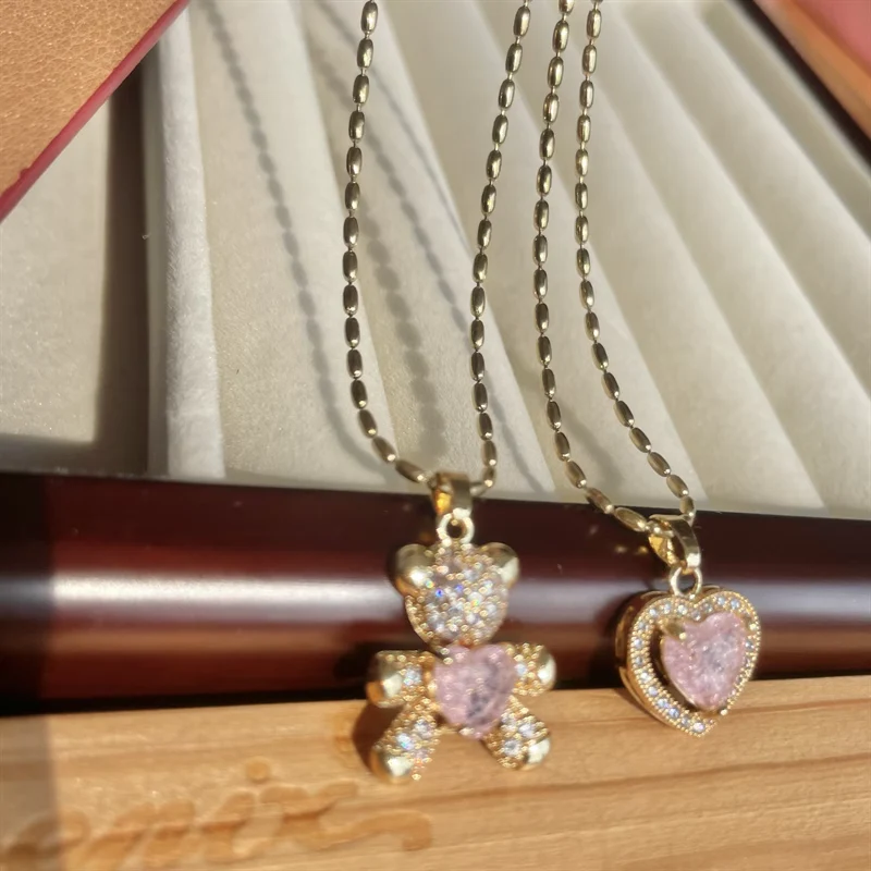 Pink Heartbeat Bear Pendant Necklace HA2404 - Image 2