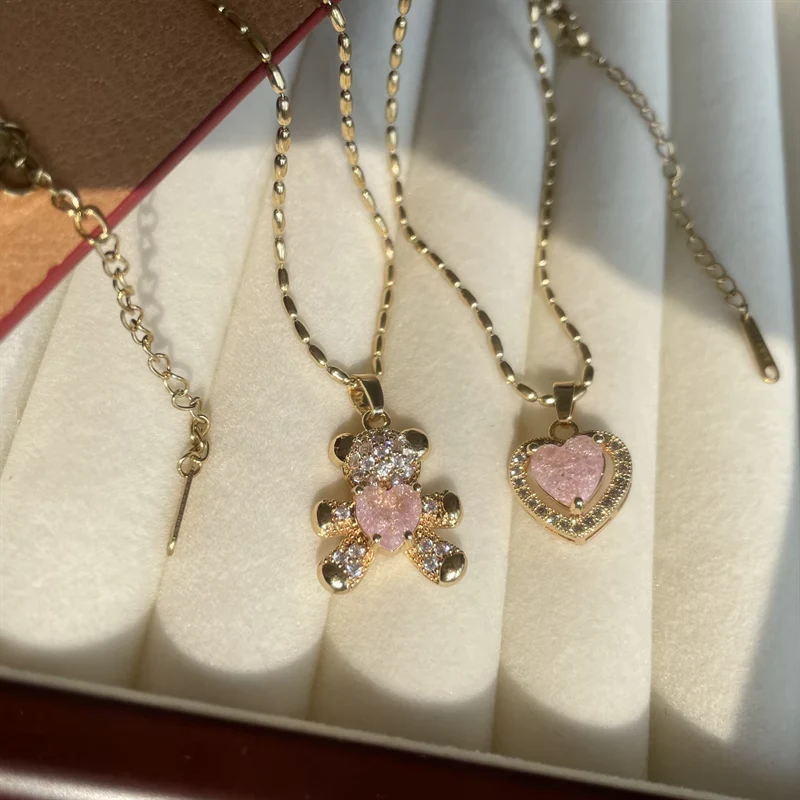 Pink Heartbeat Bear Pendant Necklace HA2404 - Image 3