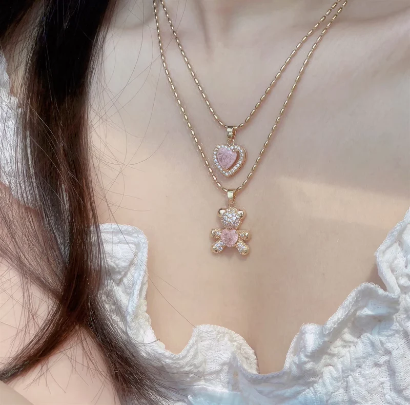Pink Heartbeat Bear Pendant Necklace HA2404 - Image 4