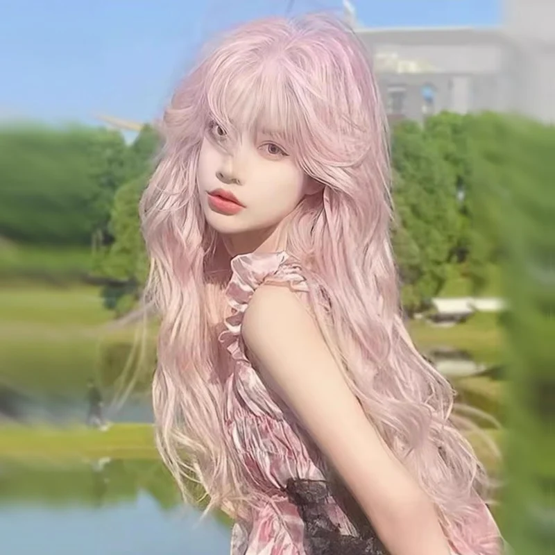 Pink long curly hair big wave wig HA1976