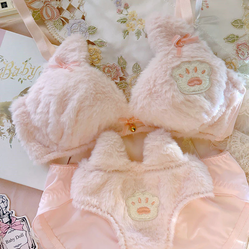 Pink Plush Cat's Claw Bra Set   HA0669 - Image 4