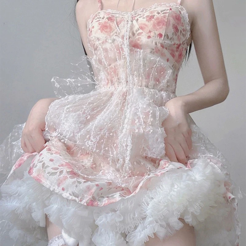 Pink Puffy Sling Floral Dress   HA1919 - Image 3