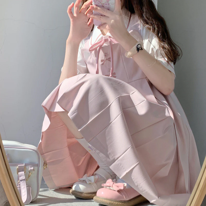 Pink Rabbit Ear Pleated Tank Top Dress   HA0789 - Image 2