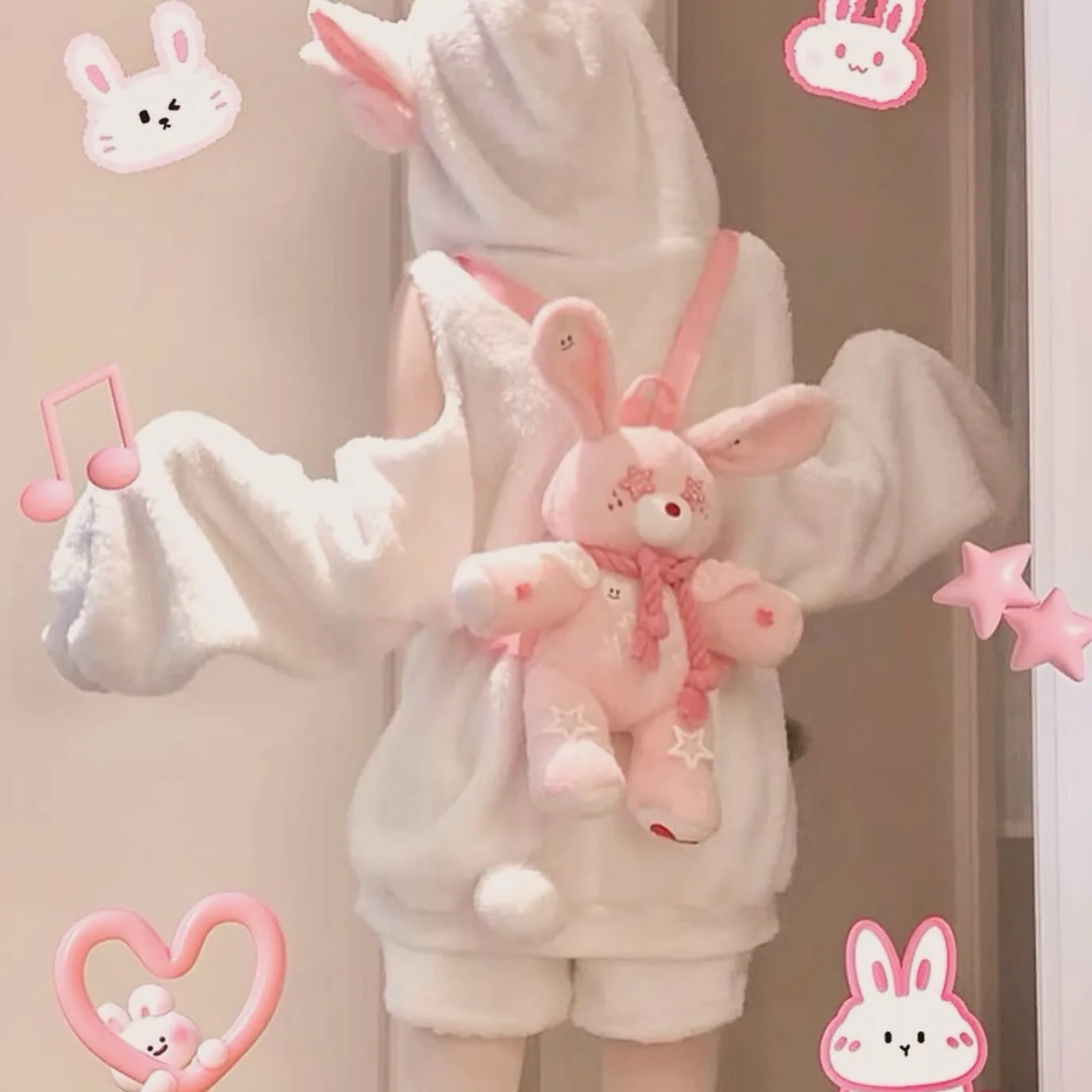 Pink rabbit five-pointed star plush backpack HA2409 - Image 2