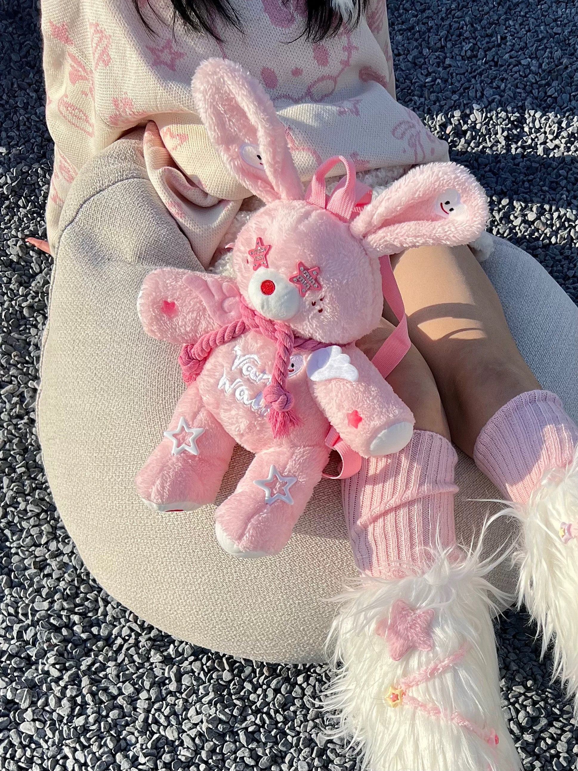 Pink rabbit five-pointed star plush backpack HA2409 - Image 4