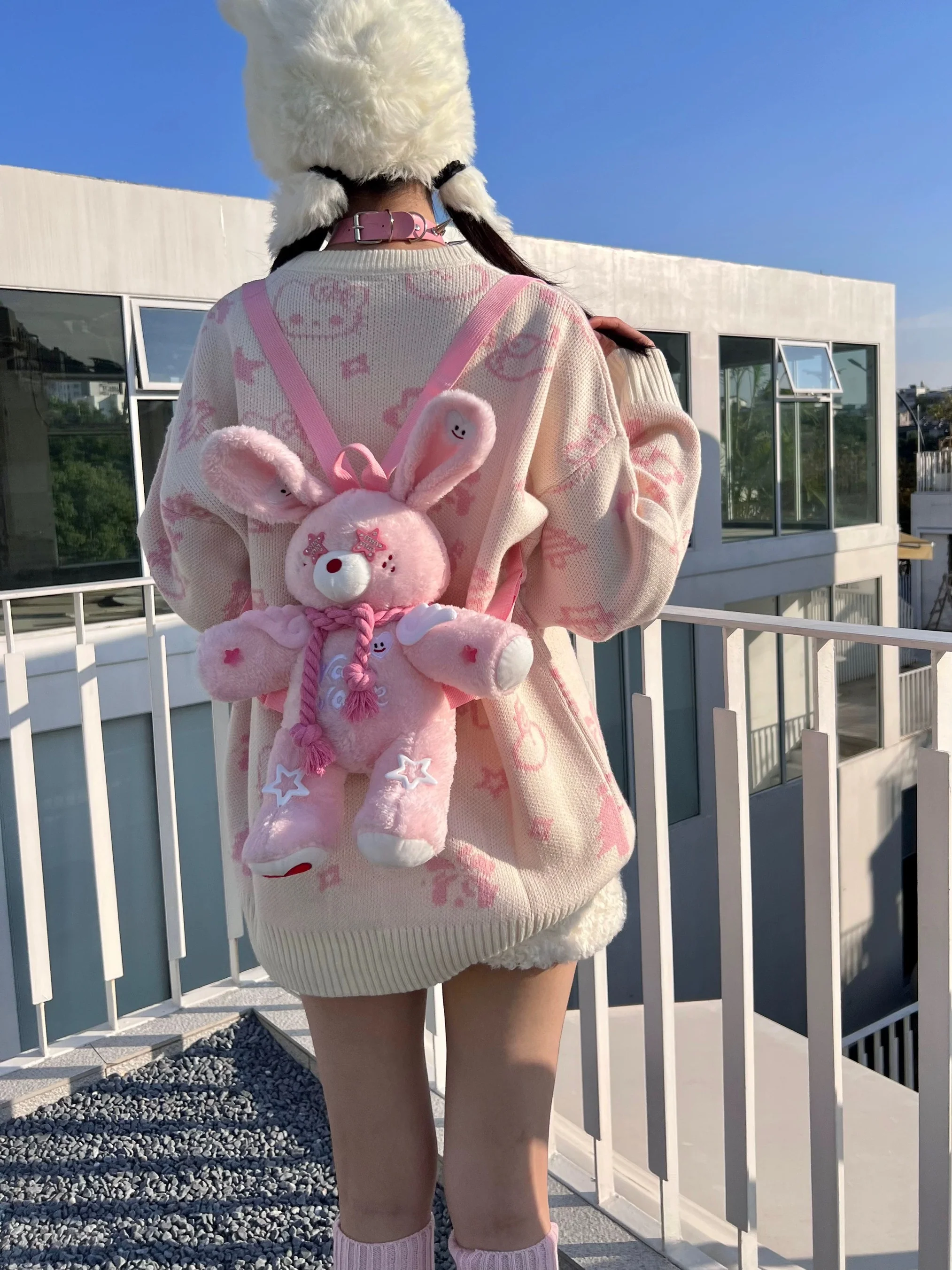 Pink rabbit five-pointed star plush backpack HA2409 - Image 5
