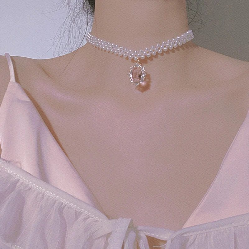 Pink Rhinestone Pearl Clavicle Chain HA0843 - Image 3