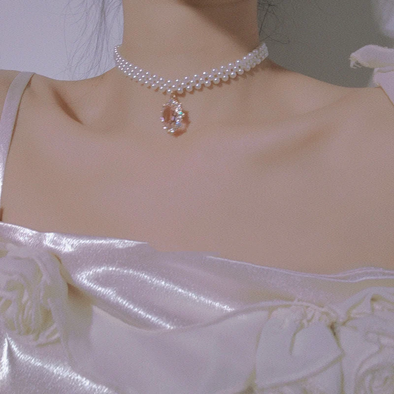 Pink Rhinestone Pearl Clavicle Chain HA0843 - Image 4