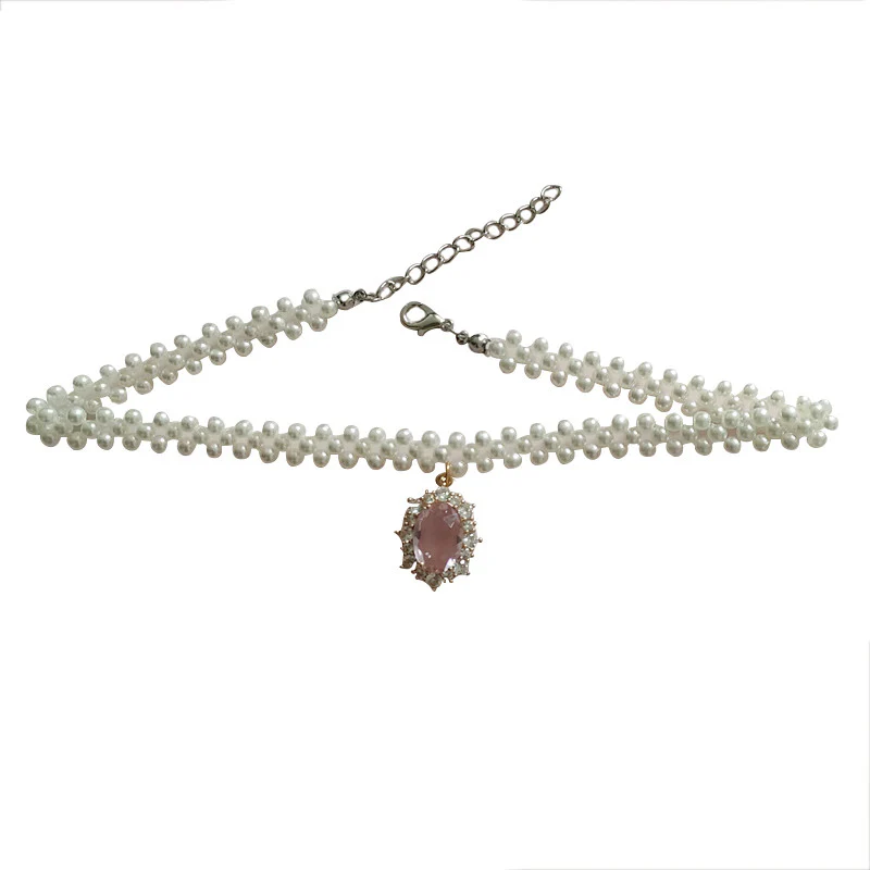 Pink Rhinestone Pearl Clavicle Chain HA0843 - Image 5