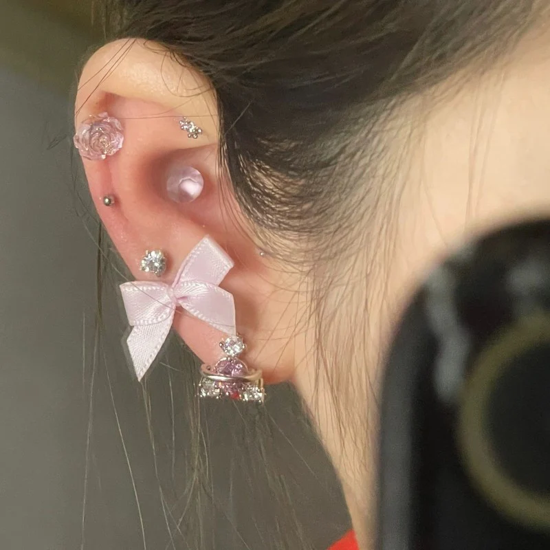 Pink Ribbon Bow Stud Earrings   HA1985 - Image 2