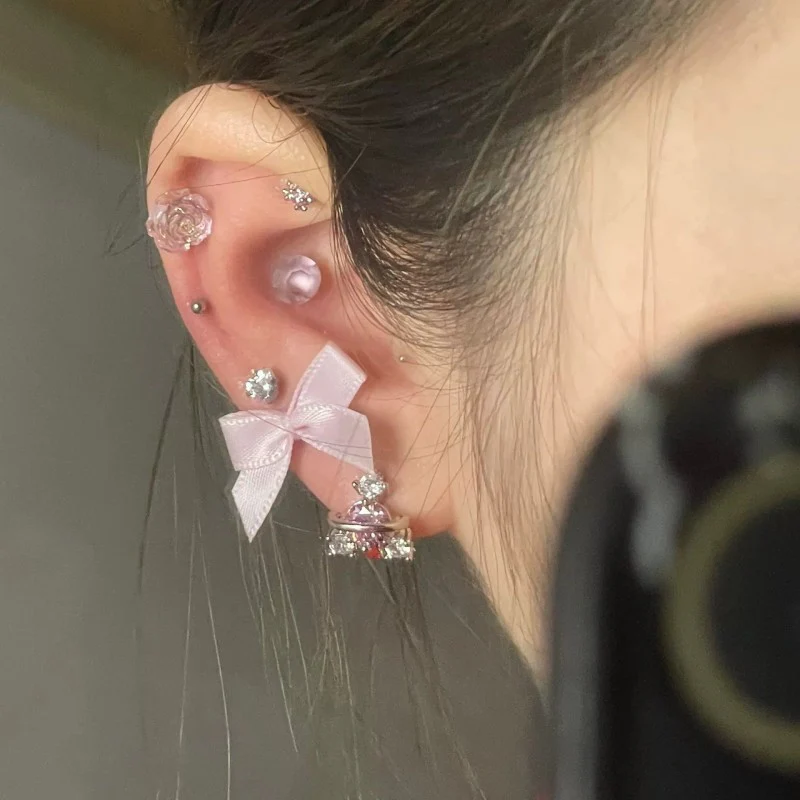 Pink Ribbon Bow Stud Earrings   HA1985 - Image 3