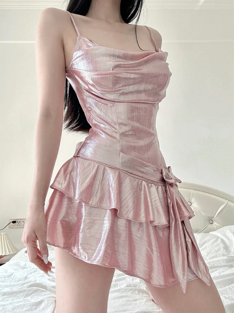 Pink shiny pleated dress HA2425 - Image 4