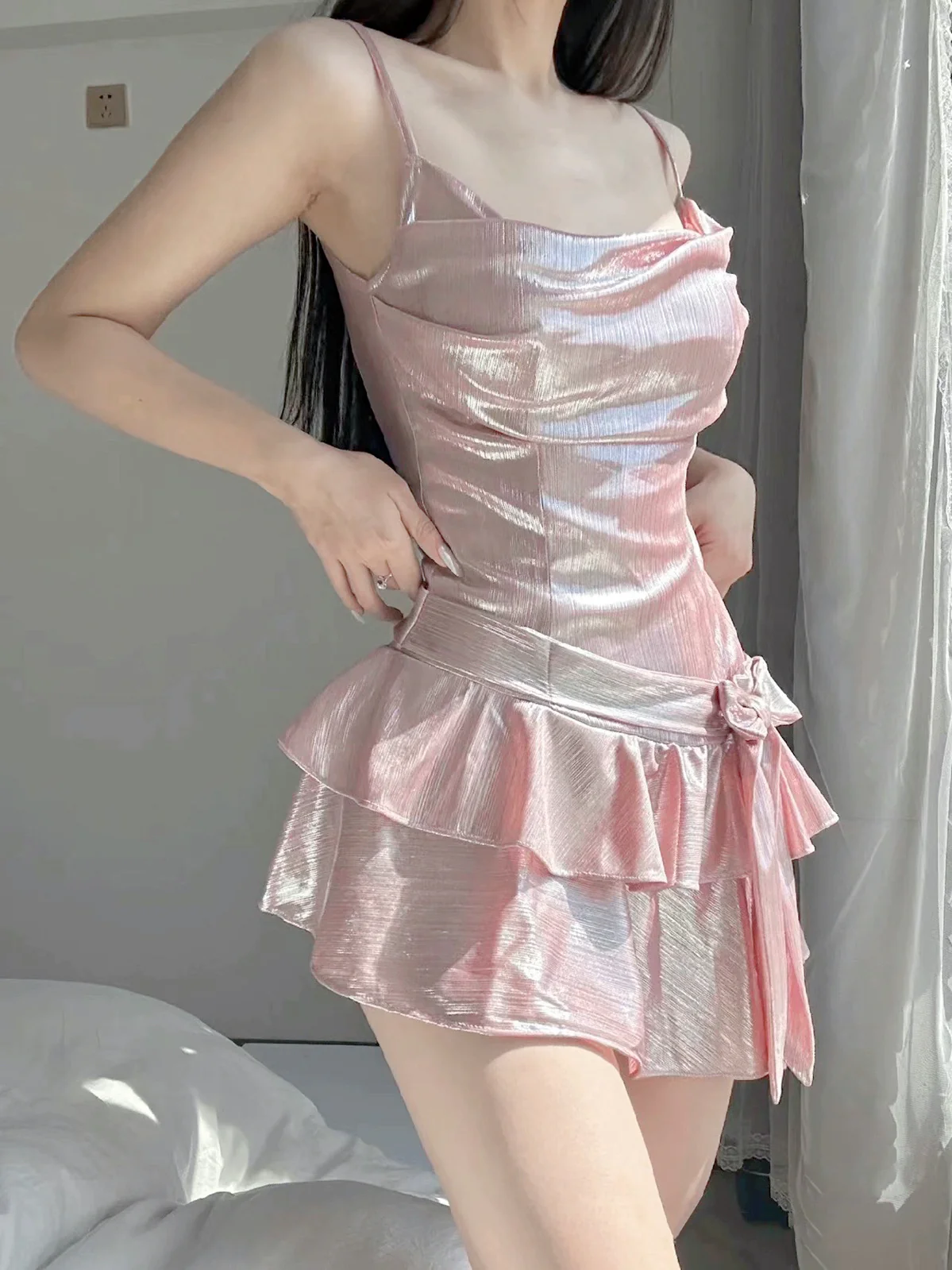 Pink shiny pleated dress HA2425 - Image 6