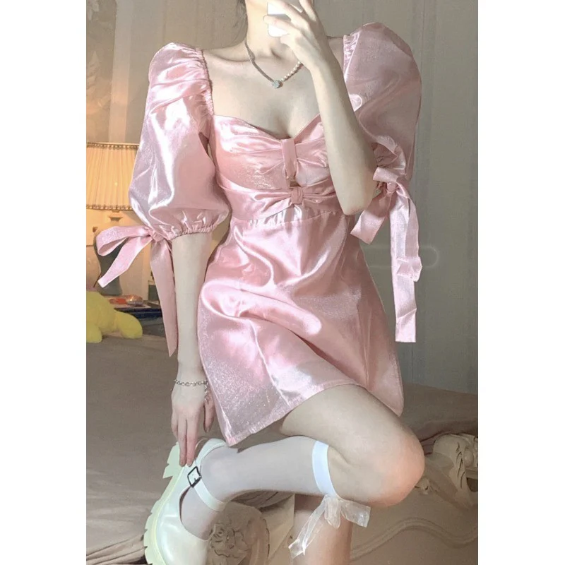 Pink Square Neck Puff Sleeve Dress  HA0701 - Image 2