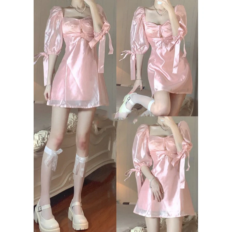 Pink Square Neck Puff Sleeve Dress  HA0701 - Image 3