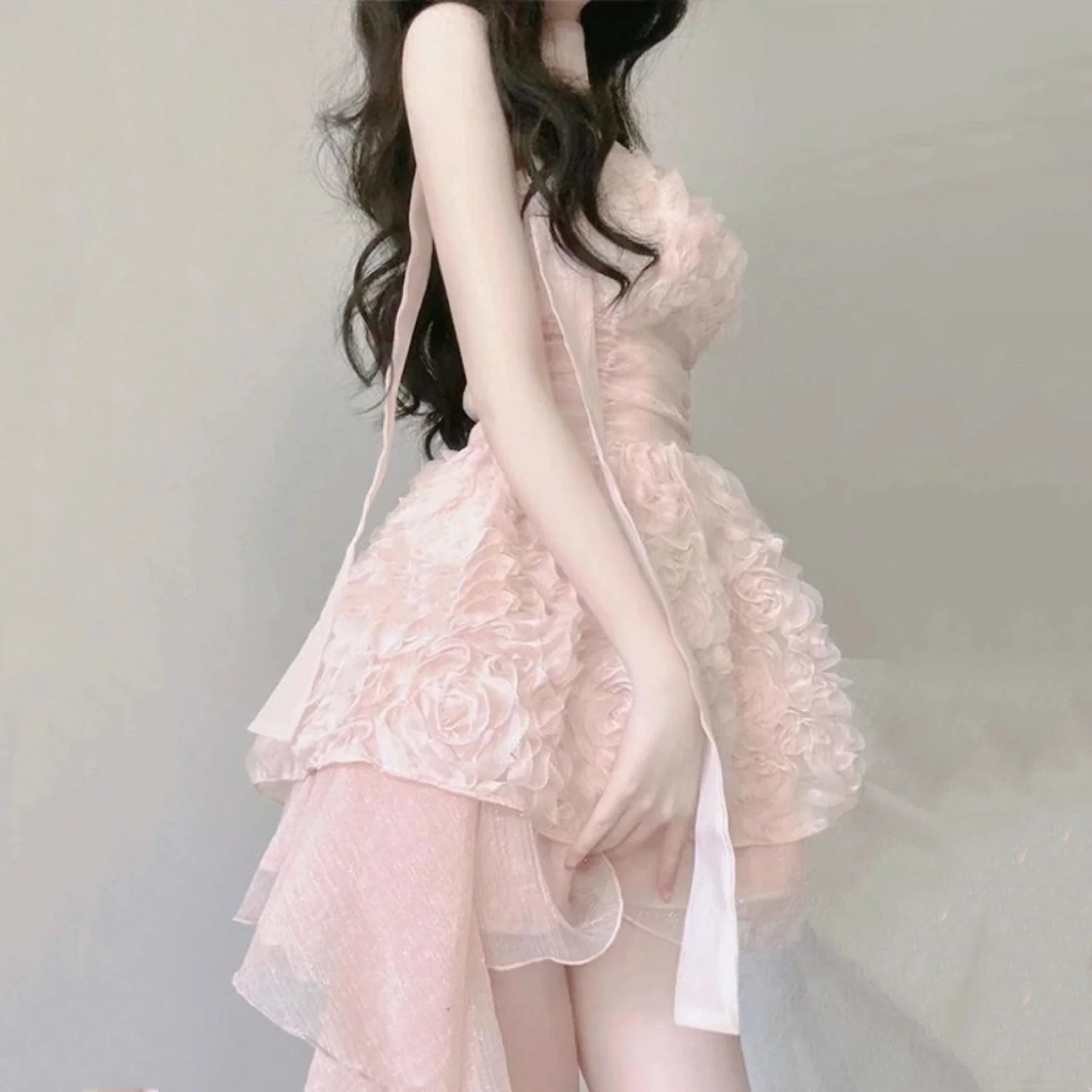Pink suspender gauze dress HA2285 - Image 4