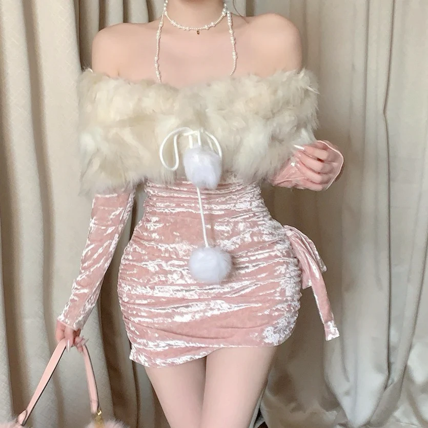 Pink velvet one-shoulder dress HA2378 - Image 2